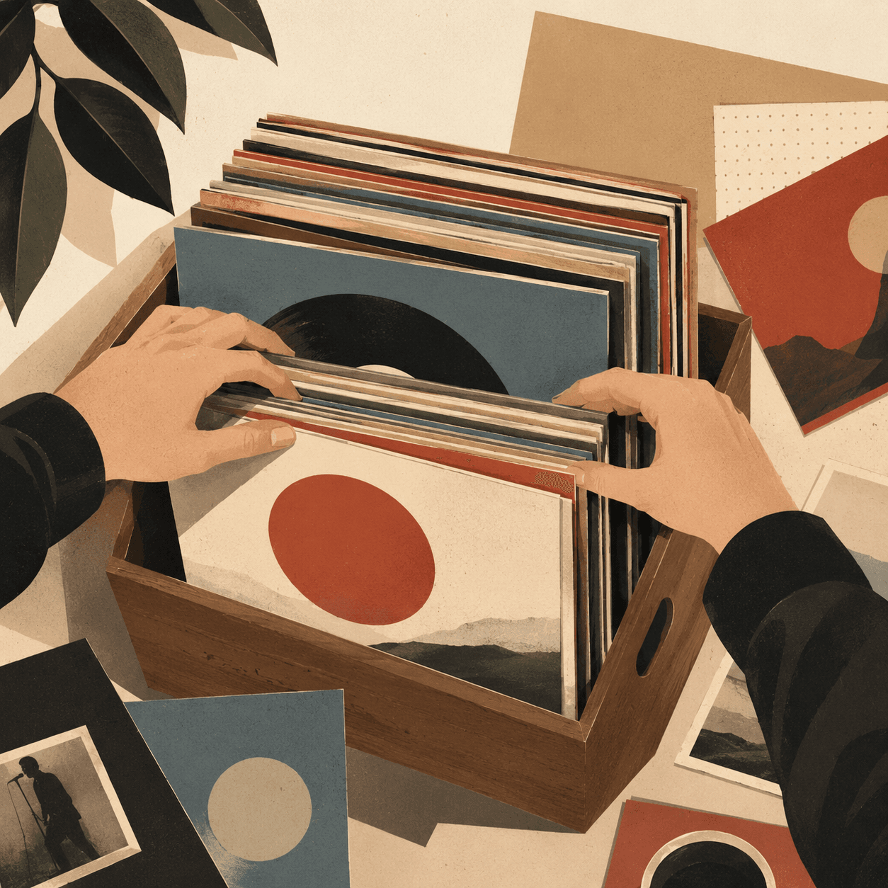 Hands browsing records in a crate