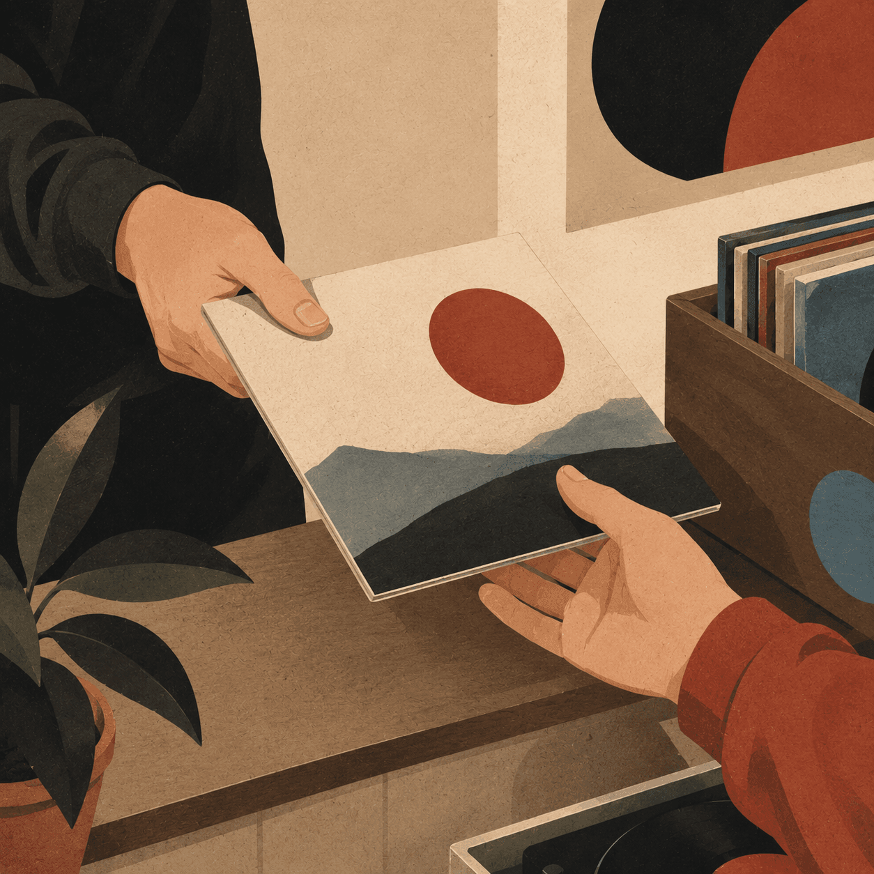 One person handing another a record