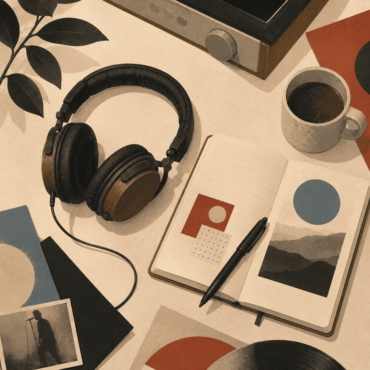 Headphones beside a listening notebook
